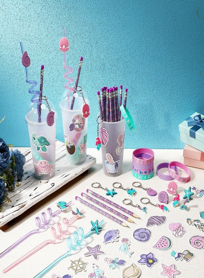 Saypacck 194 Pcs Valentine Gift Mermaid Party Favors Goody Cup Fillers, Mermaid Birthday Party Decorations Straws Keychains Pencils Bracelets for Goodie Bag Stuffer, Classroom Rewards, Piñata Supplies - Image 4